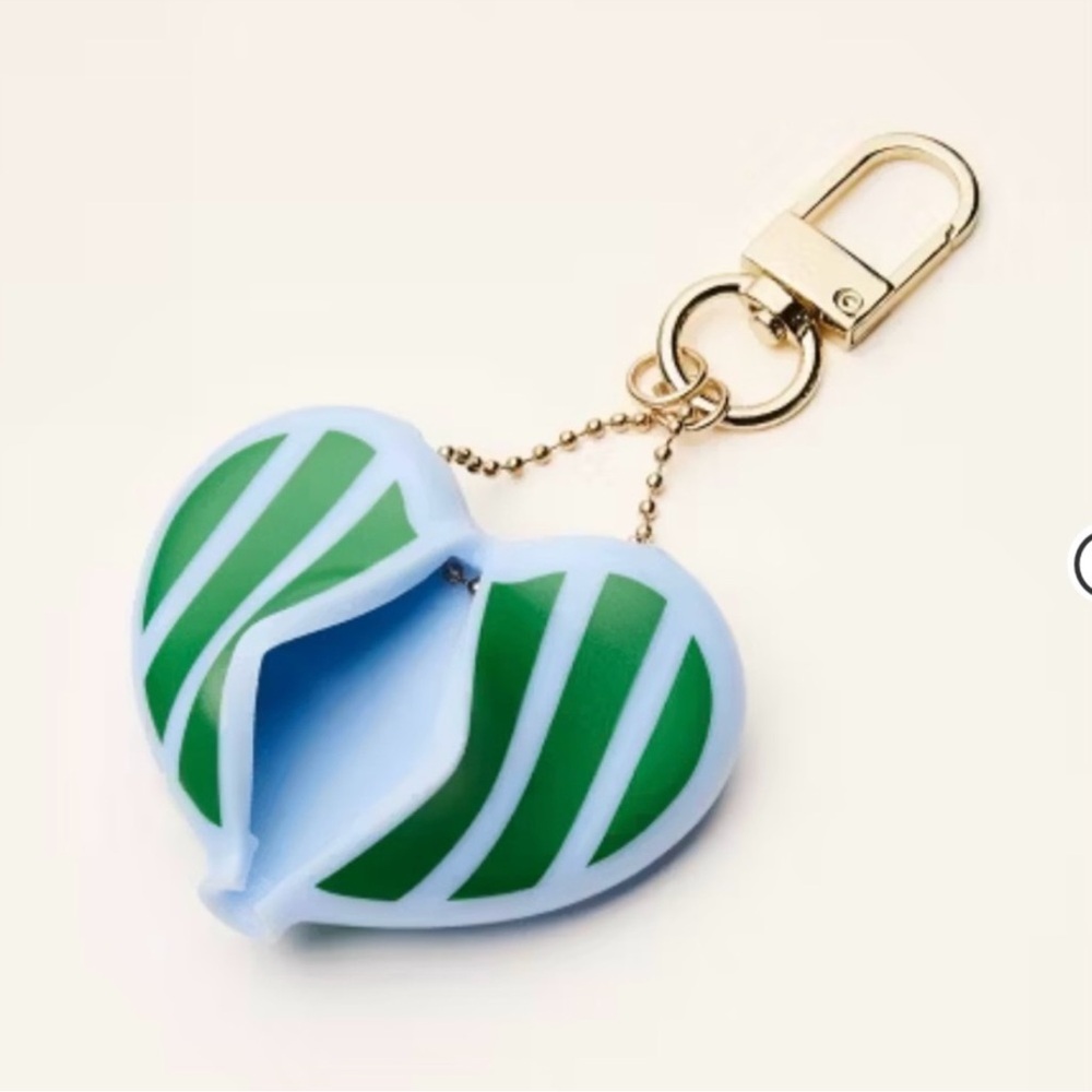 Kate Spade Striped Green & Blue Heart Coin Purse Keychain Bag Charm NWT
